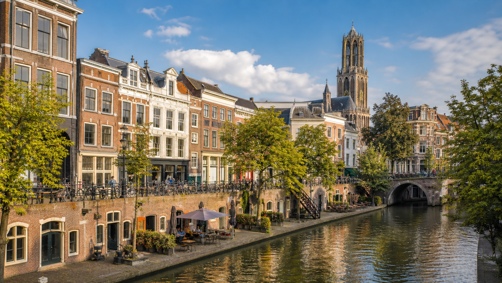 Utrecht canal, historic city centre, and Dom Tower